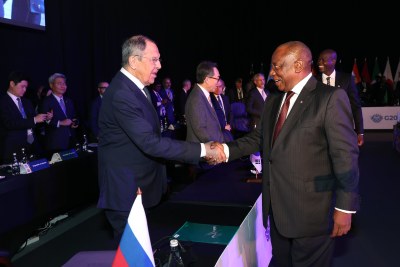 President Cyril Ramaphosa receives a courtesy call from the Minister of Foreign Affairs, Mr Sergey Lavrov of the Russian Federation on the margins of the Group of 20(G20) Foreign Ministers Meeting held at Nasrec Expo Centre in Johannesburg.